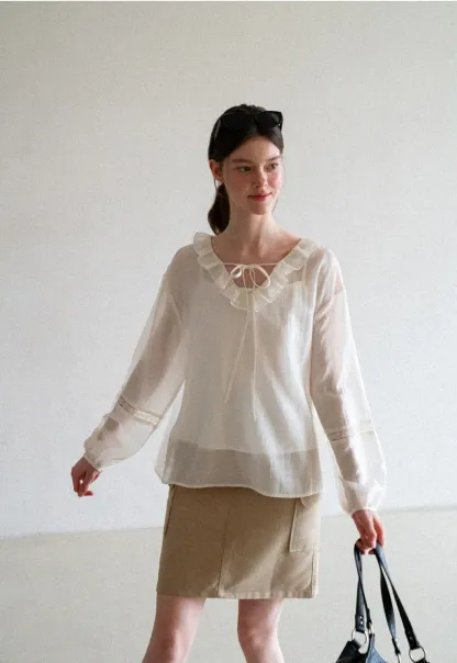 Ruffled Collar Lace Trim Long Sleeve Shirt
