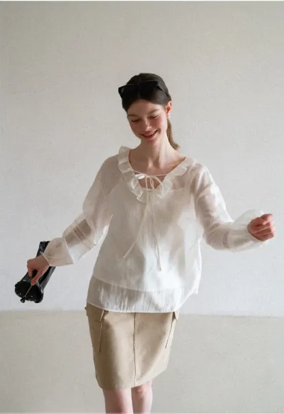 Ruffled Collar Lace Trim Long Sleeve Shirt