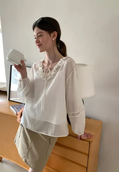 Ruffled Collar Lace Trim Long Sleeve Shirt