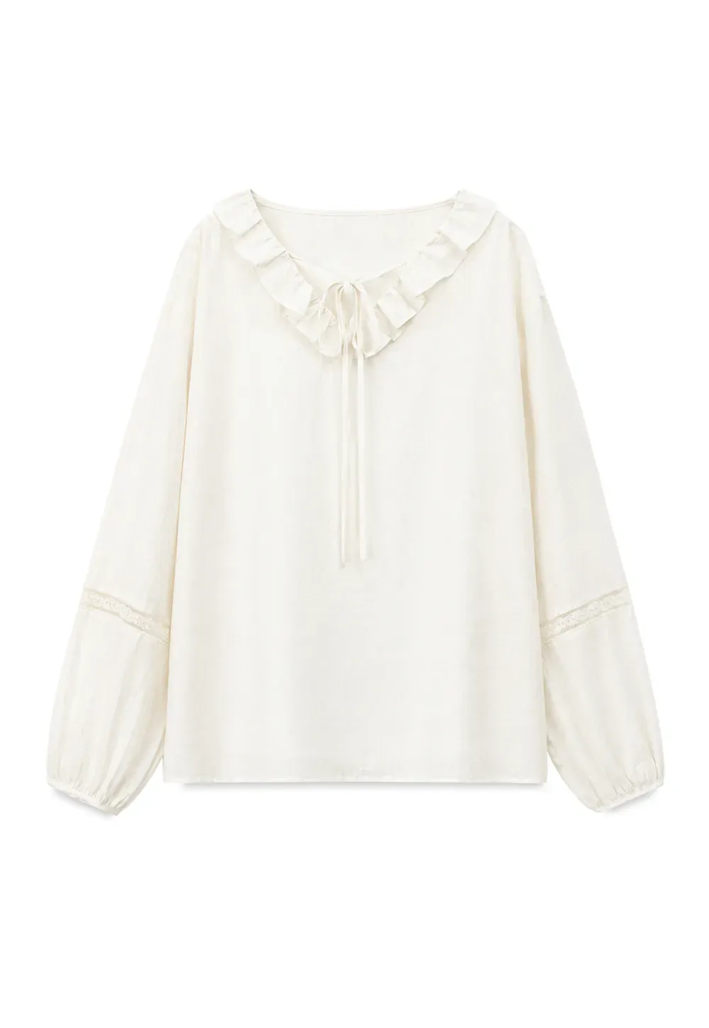 Ruffled Collar Lace Trim Long Sleeve Shirt