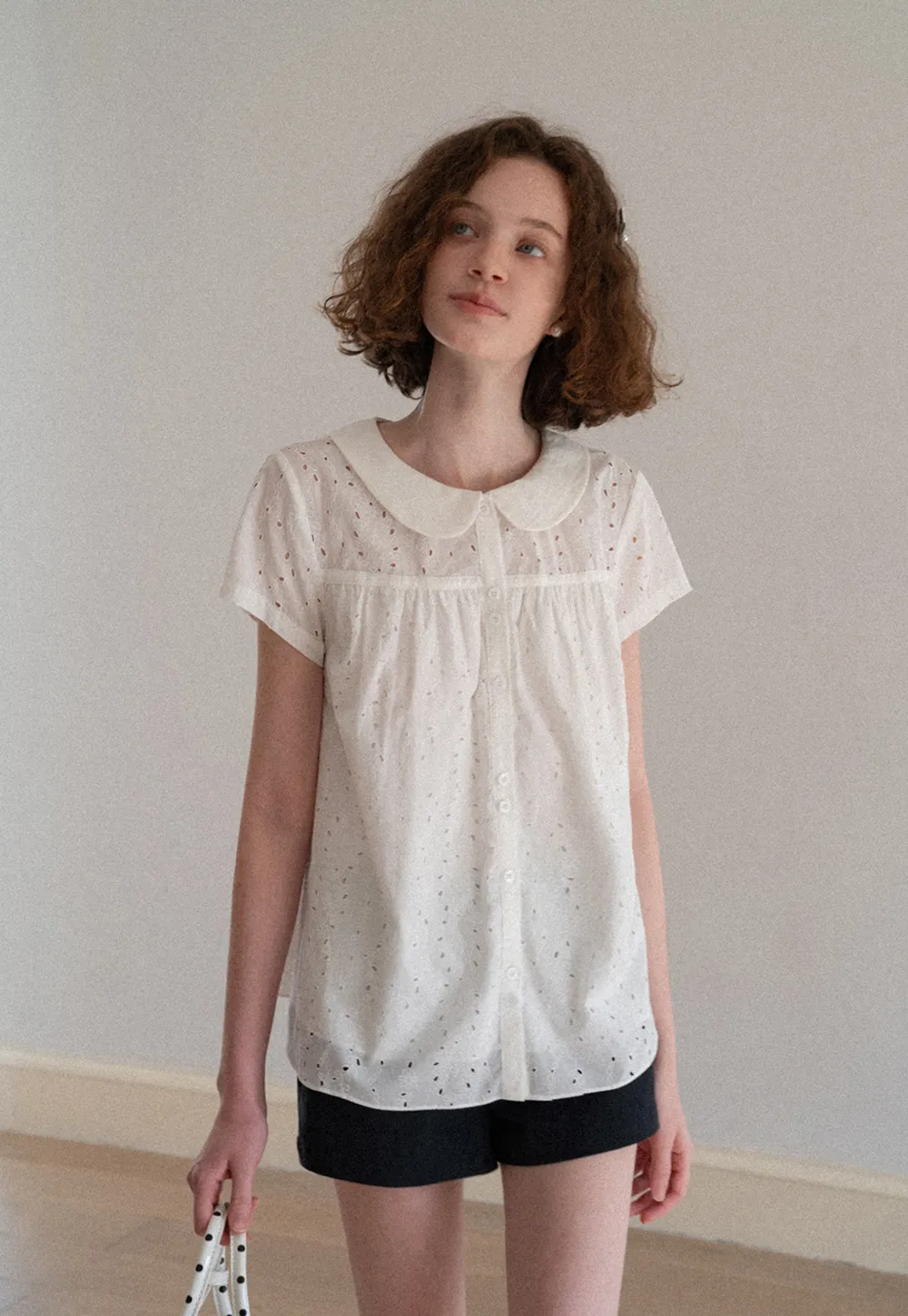 Eyelet Lace Peter Pan Collar Short Sleeve Shirt