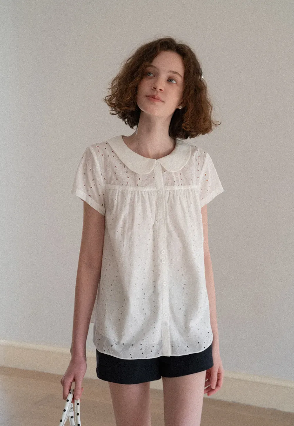 Eyelet Lace Peter Pan Collar Short Sleeve Shirt