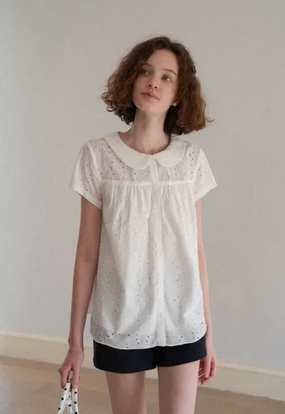Eyelet Lace Peter Pan Collar Short Sleeve Shirt