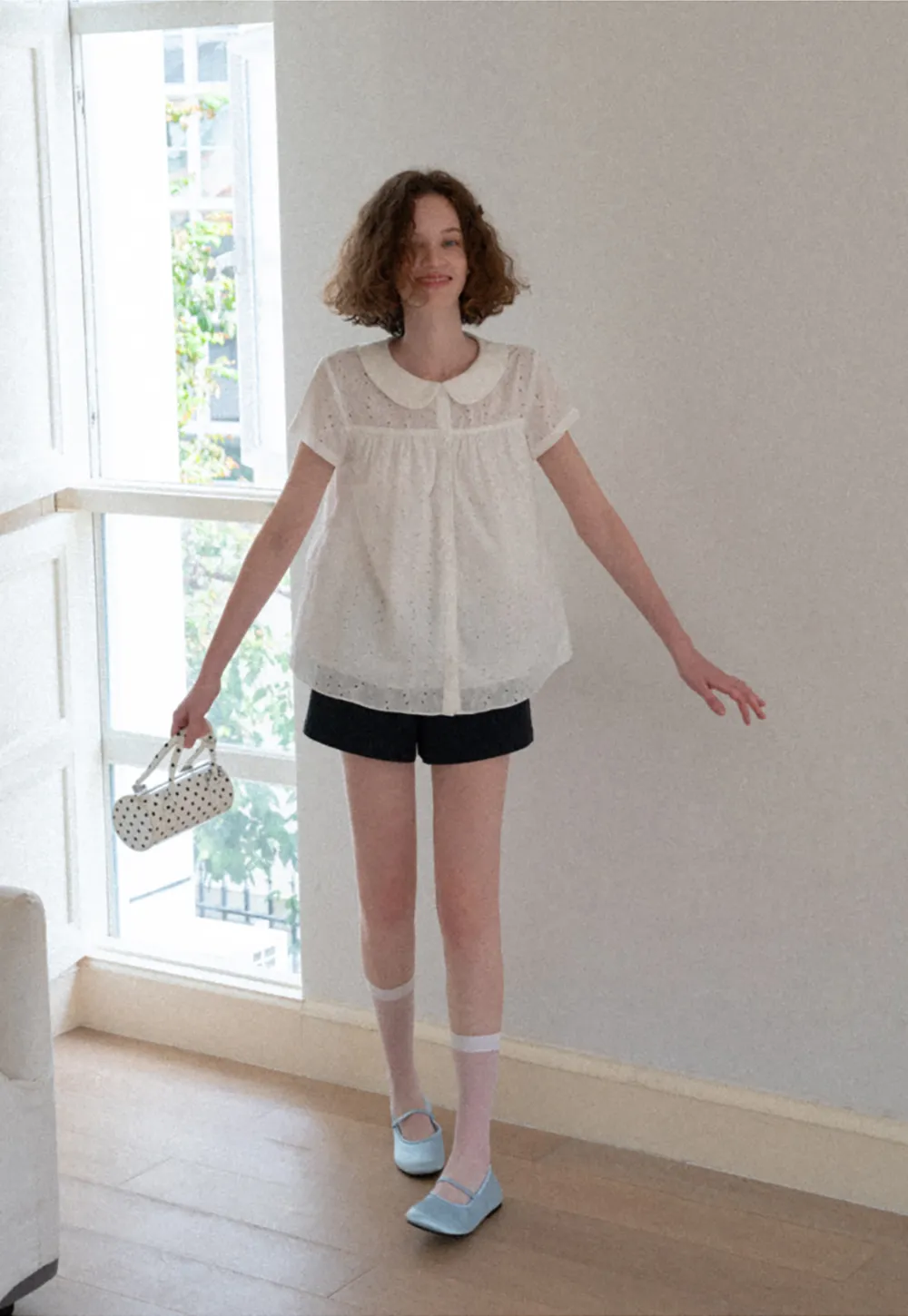 Eyelet Lace Peter Pan Collar Short Sleeve Shirt