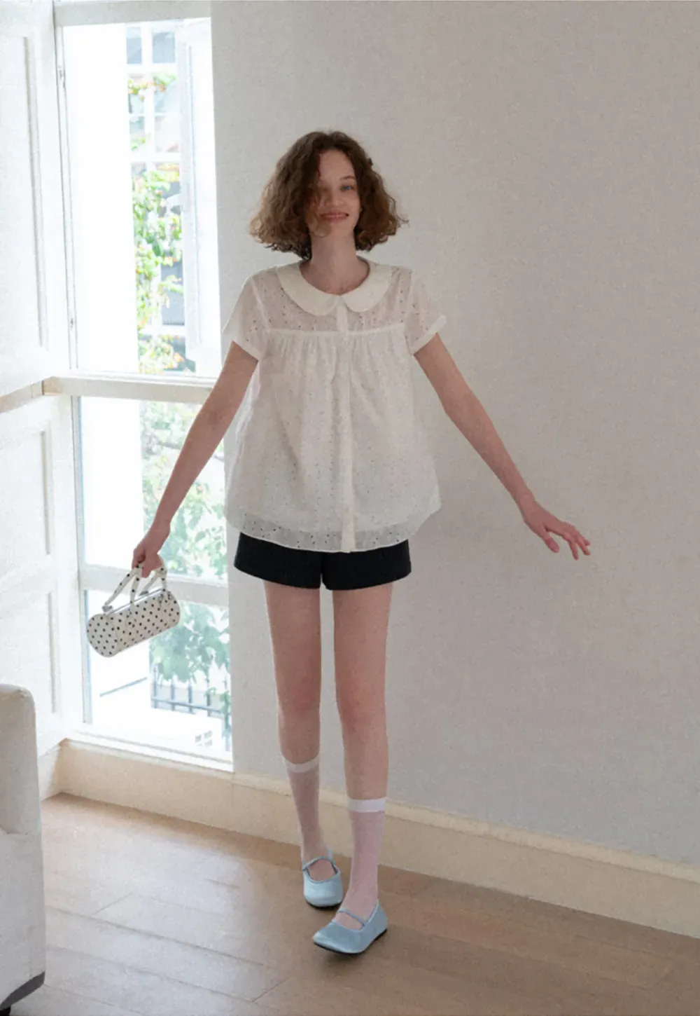 Eyelet Lace Peter Pan Collar Short Sleeve Shirt