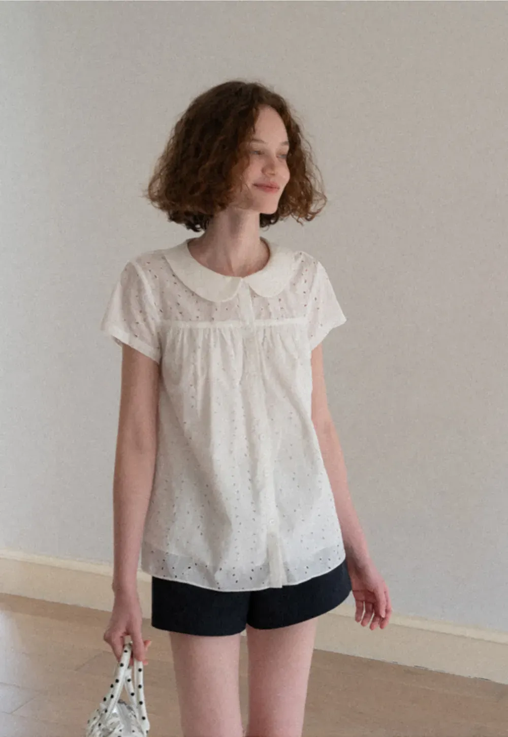 Eyelet Lace Peter Pan Collar Short Sleeve Shirt