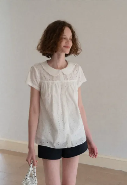 Eyelet Lace Peter Pan Collar Short Sleeve Shirt