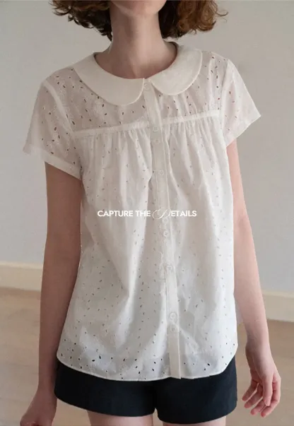Eyelet Lace Peter Pan Collar Short Sleeve Shirt