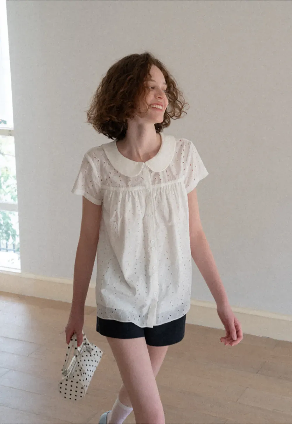 Eyelet Lace Peter Pan Collar Short Sleeve Shirt