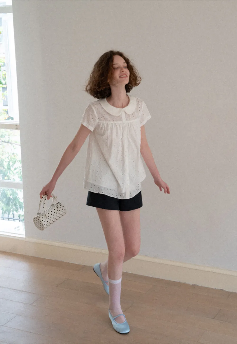 Eyelet Lace Peter Pan Collar Short Sleeve Shirt