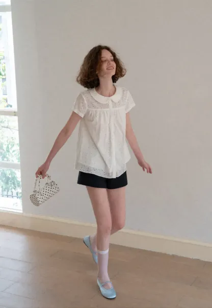 Eyelet Lace Peter Pan Collar Short Sleeve Shirt
