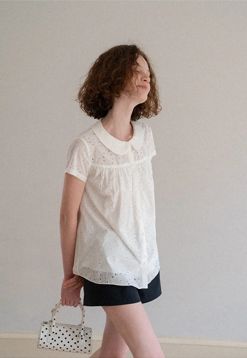 Eyelet Lace Peter Pan Collar Short Sleeve Shirt