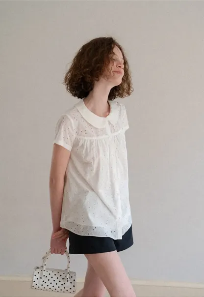 Eyelet Lace Peter Pan Collar Short Sleeve Shirt