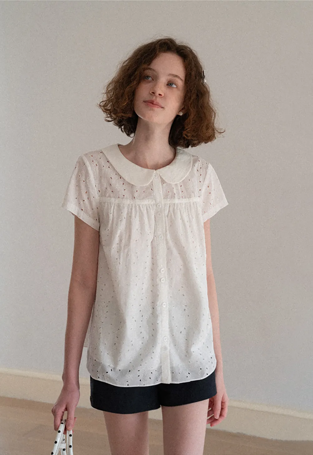 Eyelet Lace Peter Pan Collar Short Sleeve Shirt