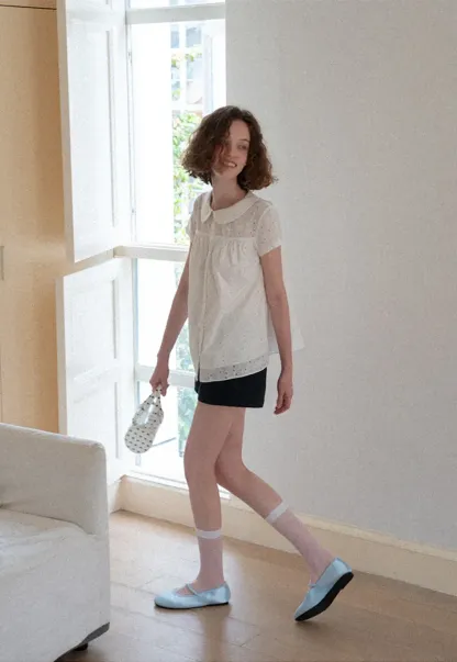 Eyelet Lace Peter Pan Collar Short Sleeve Shirt