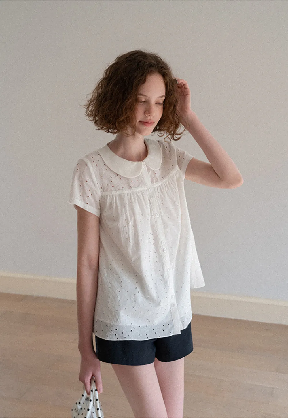 Eyelet Lace Peter Pan Collar Short Sleeve Shirt