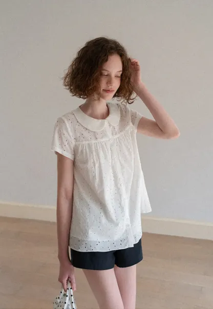 Eyelet Lace Peter Pan Collar Short Sleeve Shirt