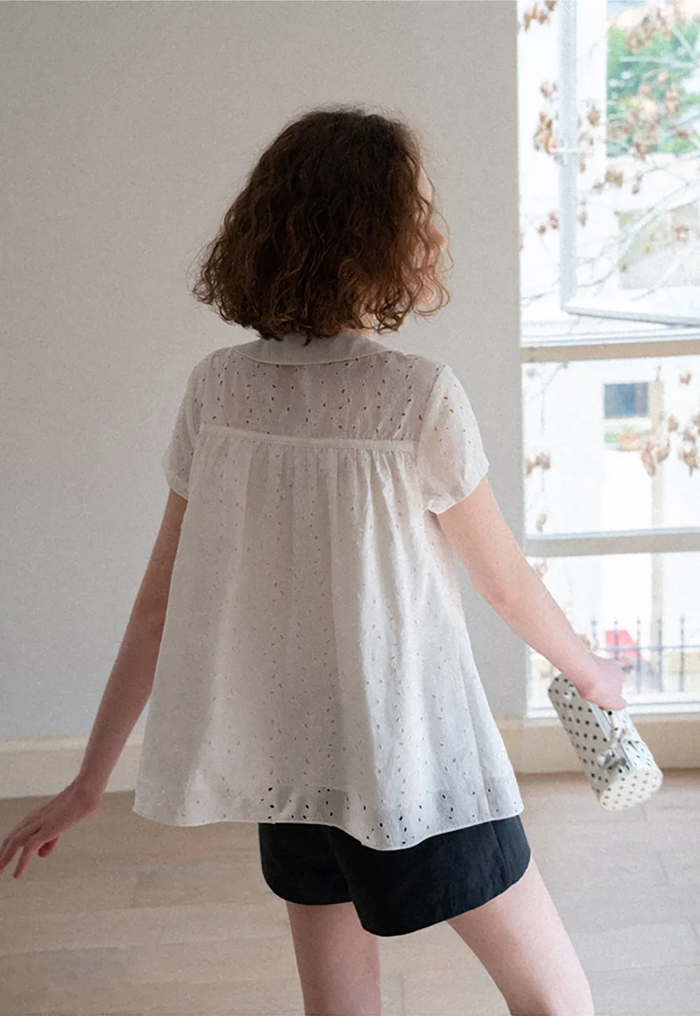 Eyelet Lace Peter Pan Collar Short Sleeve Shirt