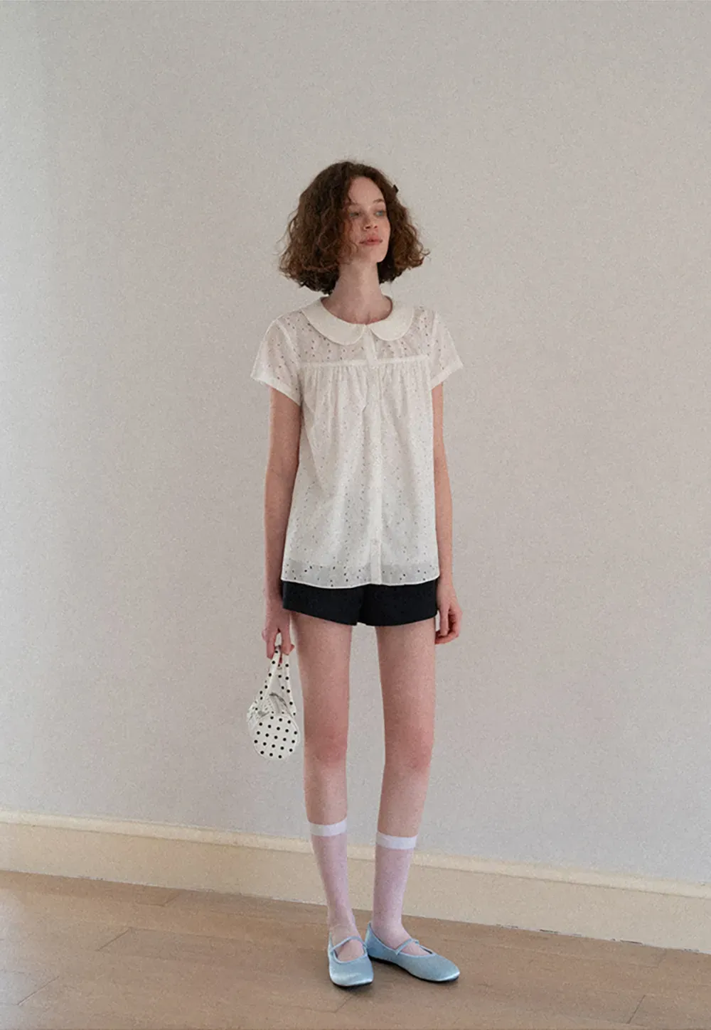Eyelet Lace Peter Pan Collar Short Sleeve Shirt