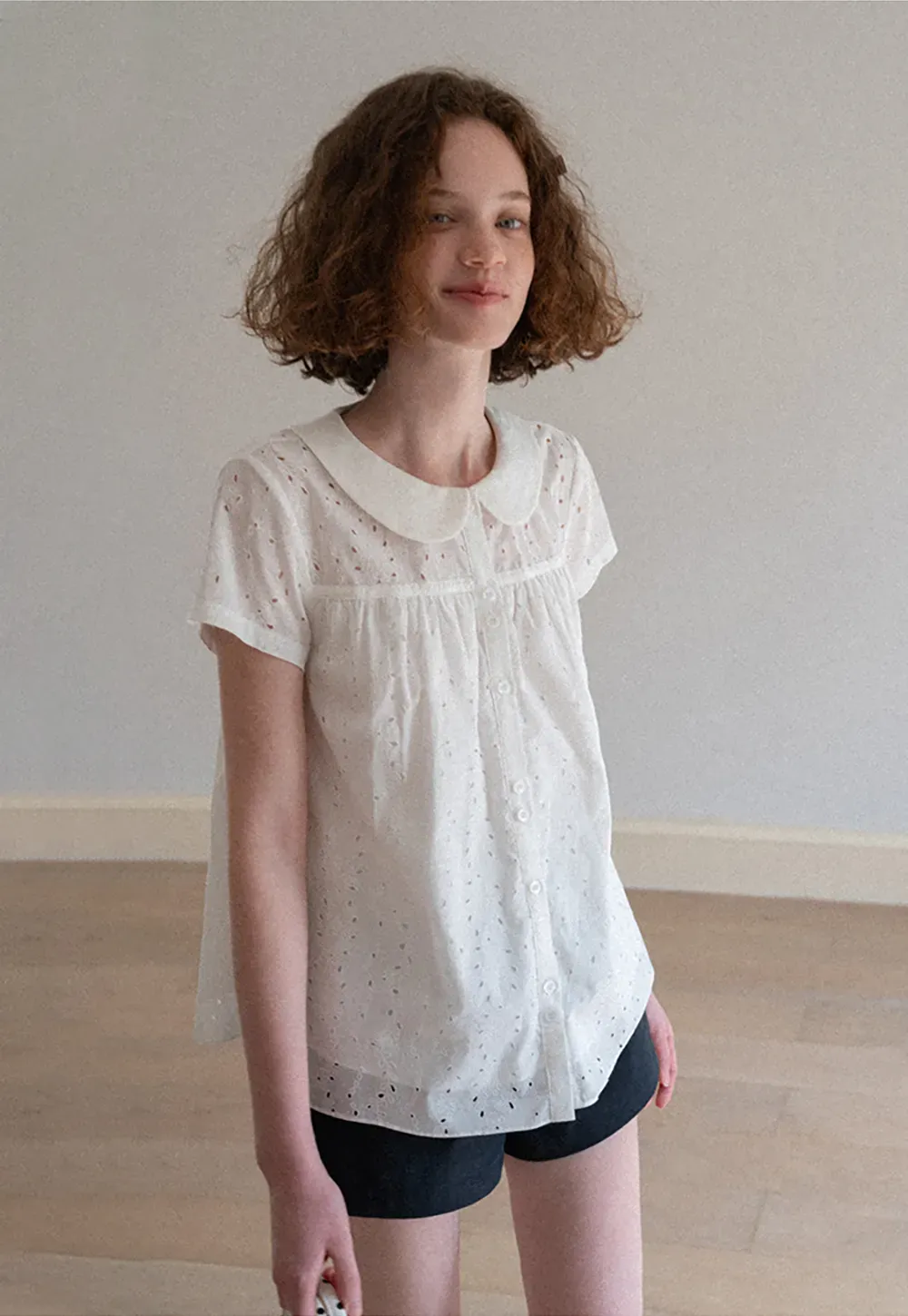 Eyelet Lace Peter Pan Collar Short Sleeve Shirt