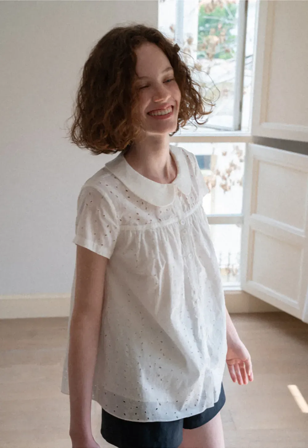 Eyelet Lace Peter Pan Collar Short Sleeve Shirt