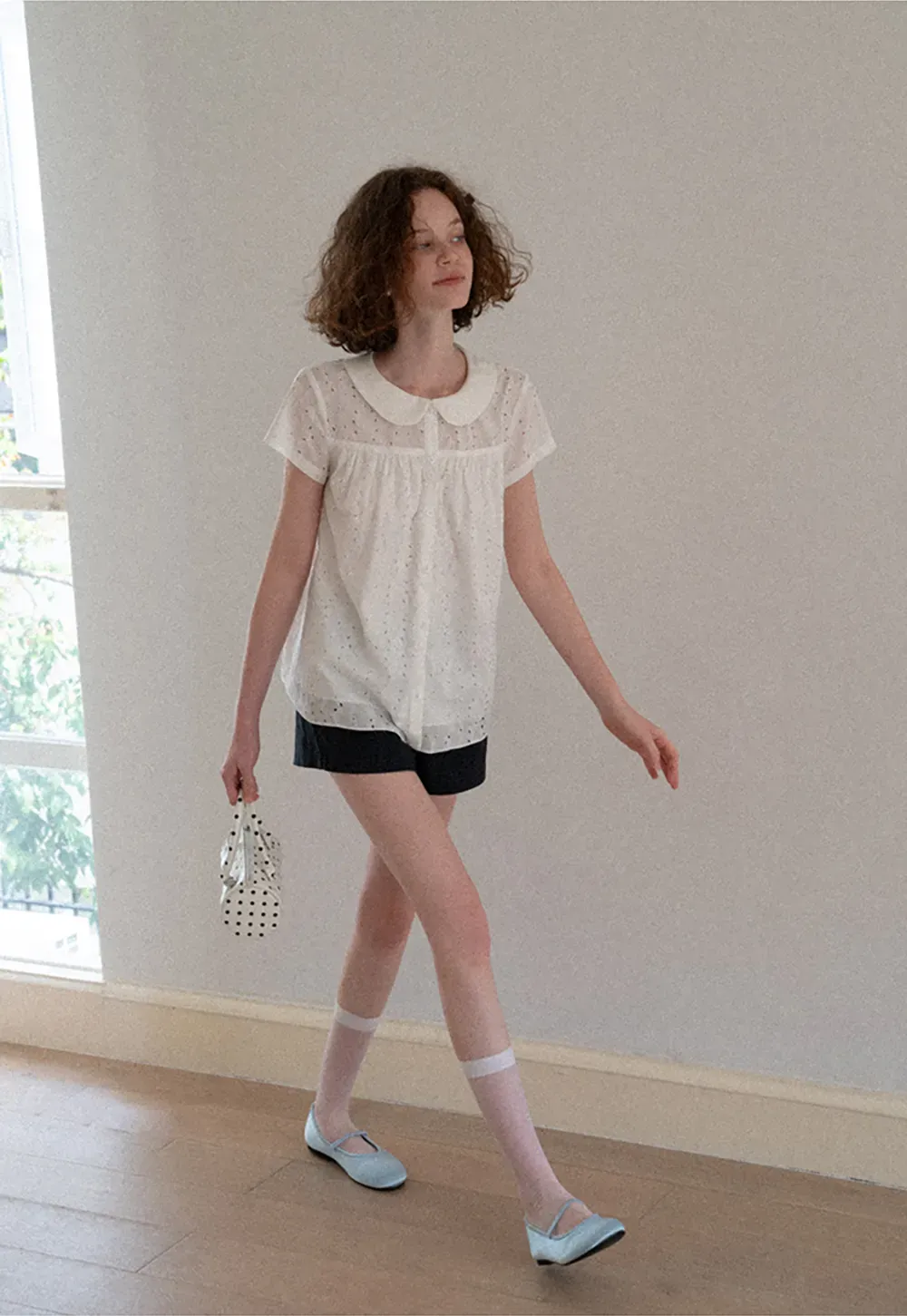 Eyelet Lace Peter Pan Collar Short Sleeve Shirt