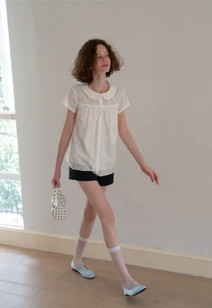 Eyelet Lace Peter Pan Collar Short Sleeve Shirt
