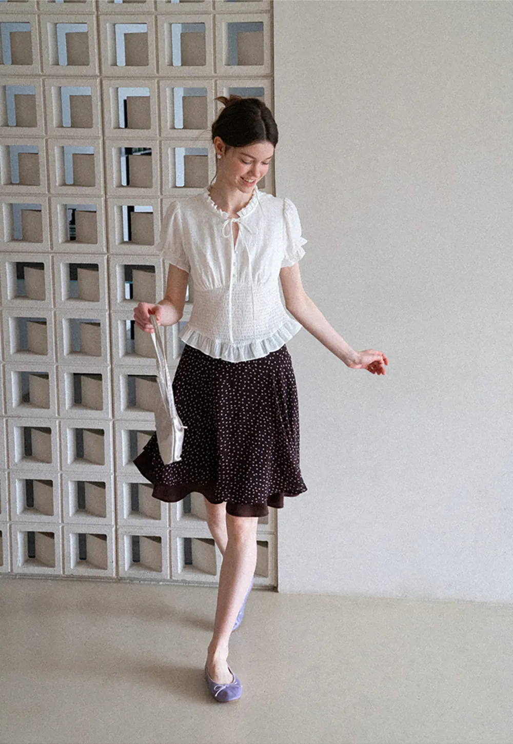 Ruffled Collar Short Sleeve Shirt with Tie Front Detail
