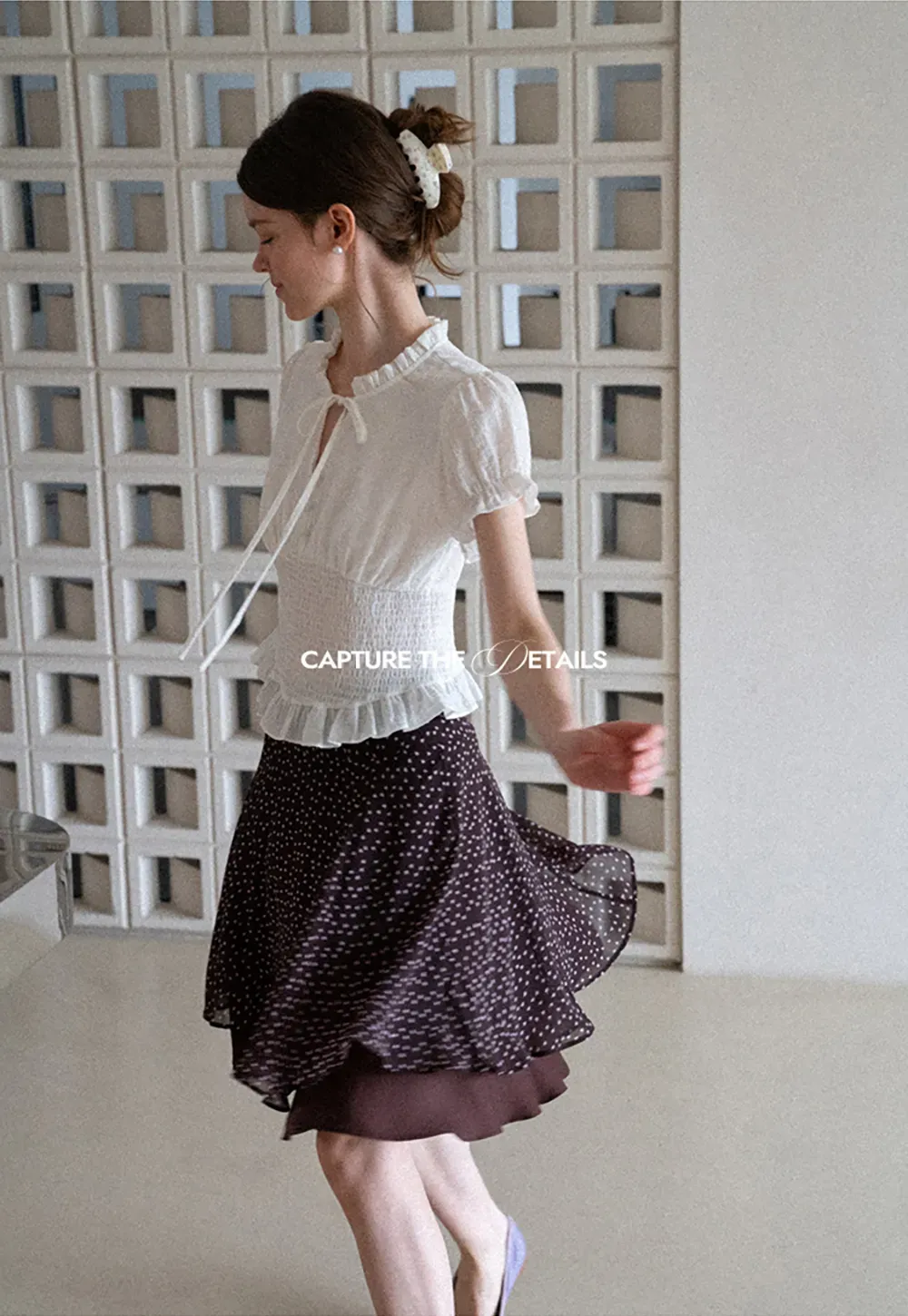 Ruffled Collar Short Sleeve Shirt with Tie Front Detail
