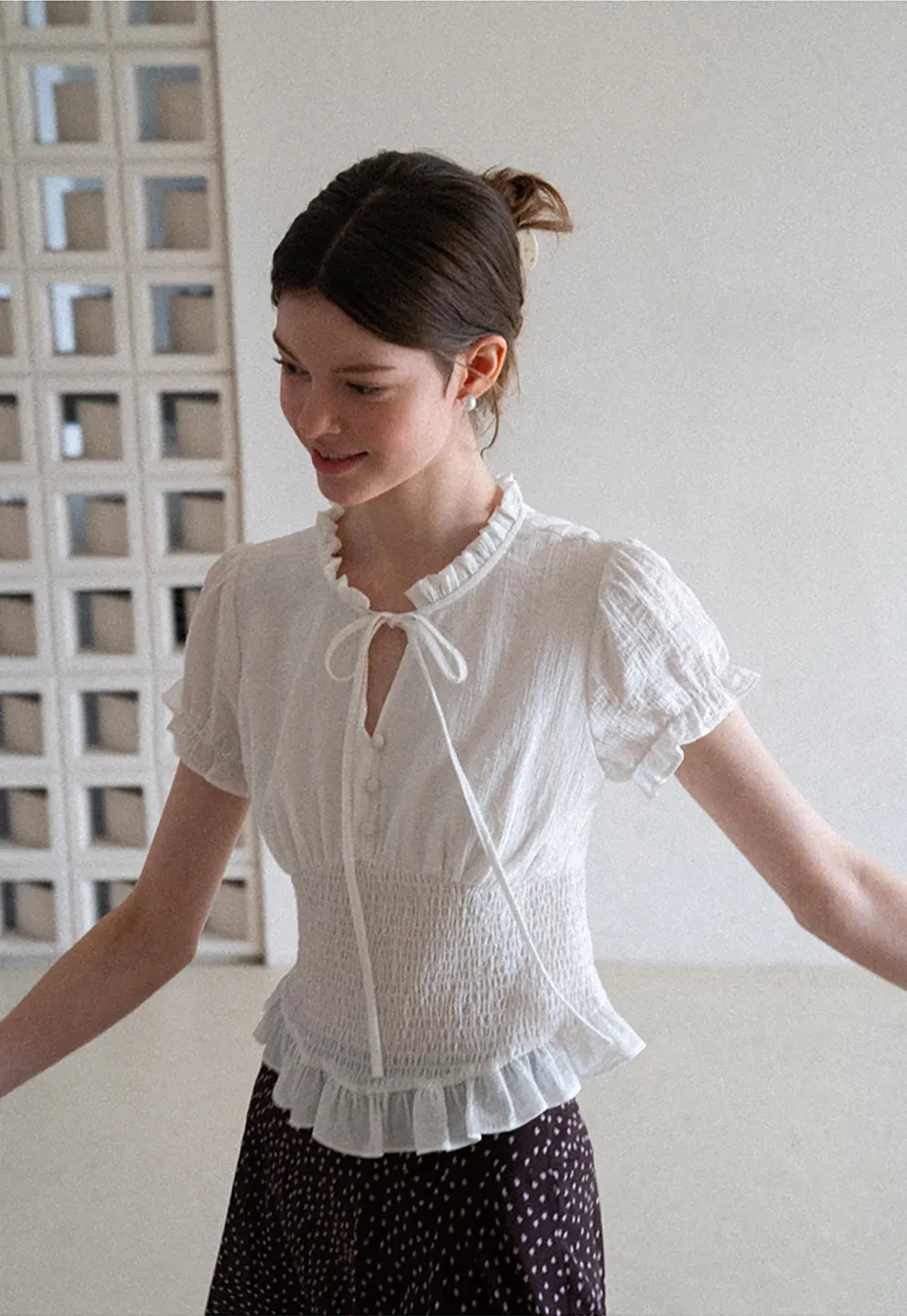 Ruffled Collar Short Sleeve Shirt with Tie Front Detail