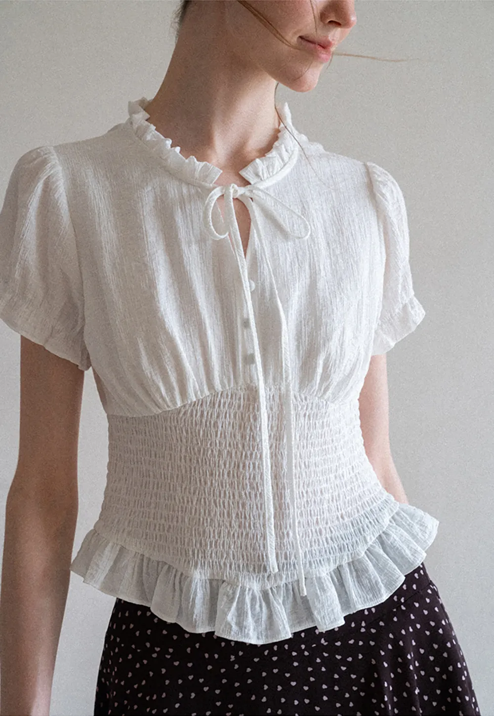 Ruffled Collar Short Sleeve Shirt with Tie Front Detail