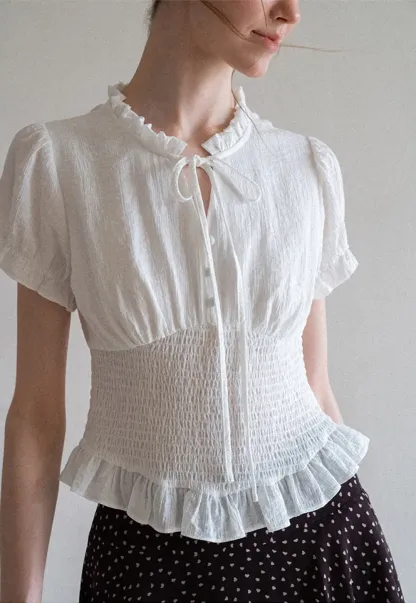 Ruffled Collar Short Sleeve Shirt with Tie Front Detail