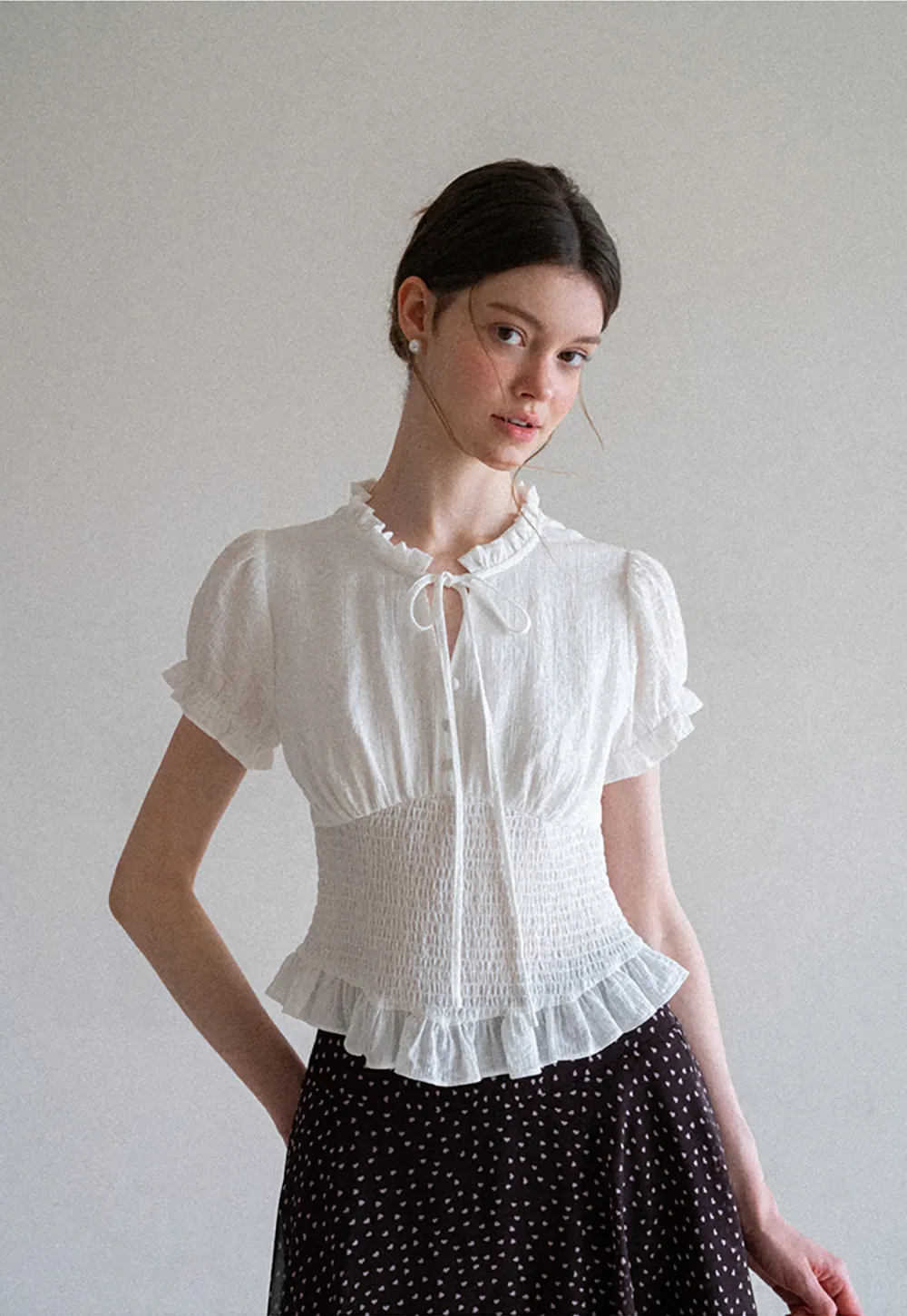 Ruffled Collar Short Sleeve Shirt with Tie Front Detail