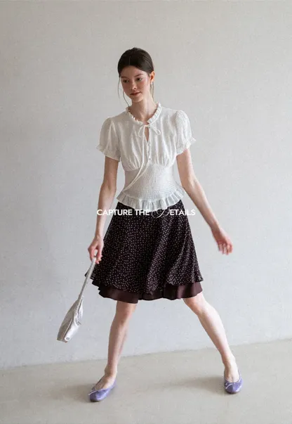 Ruffled Collar Short Sleeve Shirt with Tie Front Detail