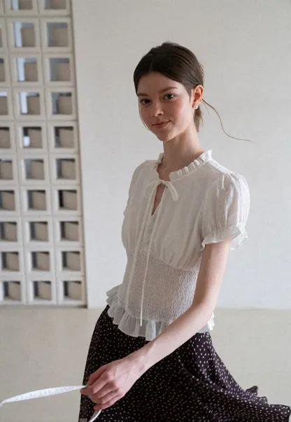 Ruffled Collar Short Sleeve Shirt with Tie Front Detail
