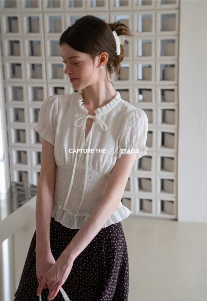Ruffled Collar Short Sleeve Shirt with Tie Front Detail