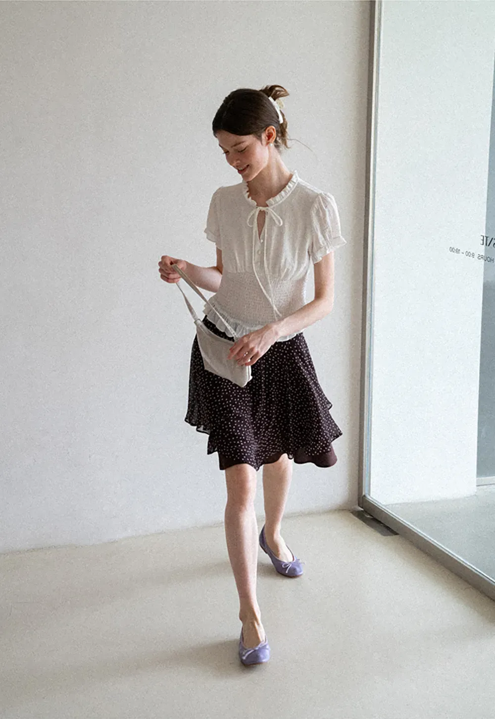 Ruffled Collar Short Sleeve Shirt with Tie Front Detail