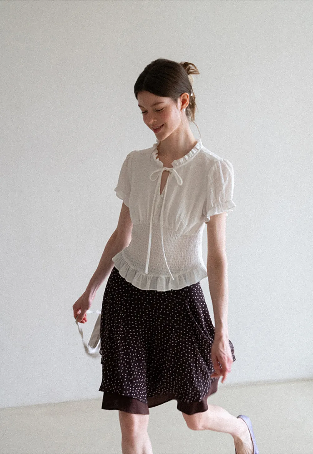 Ruffled Collar Short Sleeve Shirt with Tie Front Detail