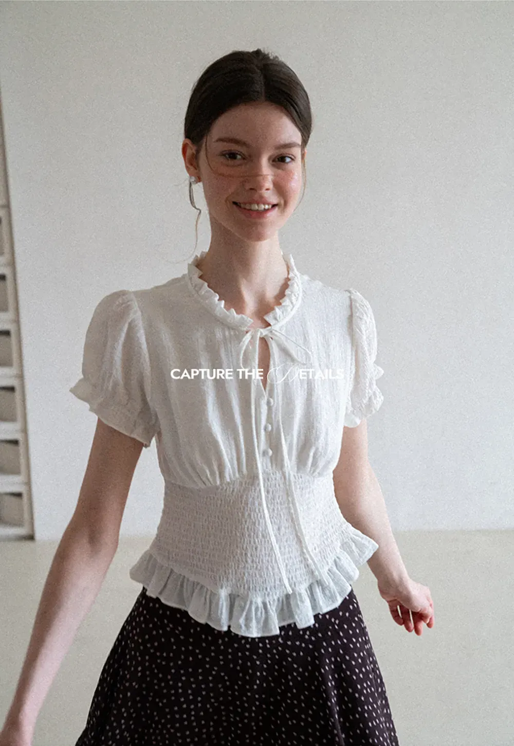 Ruffled Collar Short Sleeve Shirt with Tie Front Detail