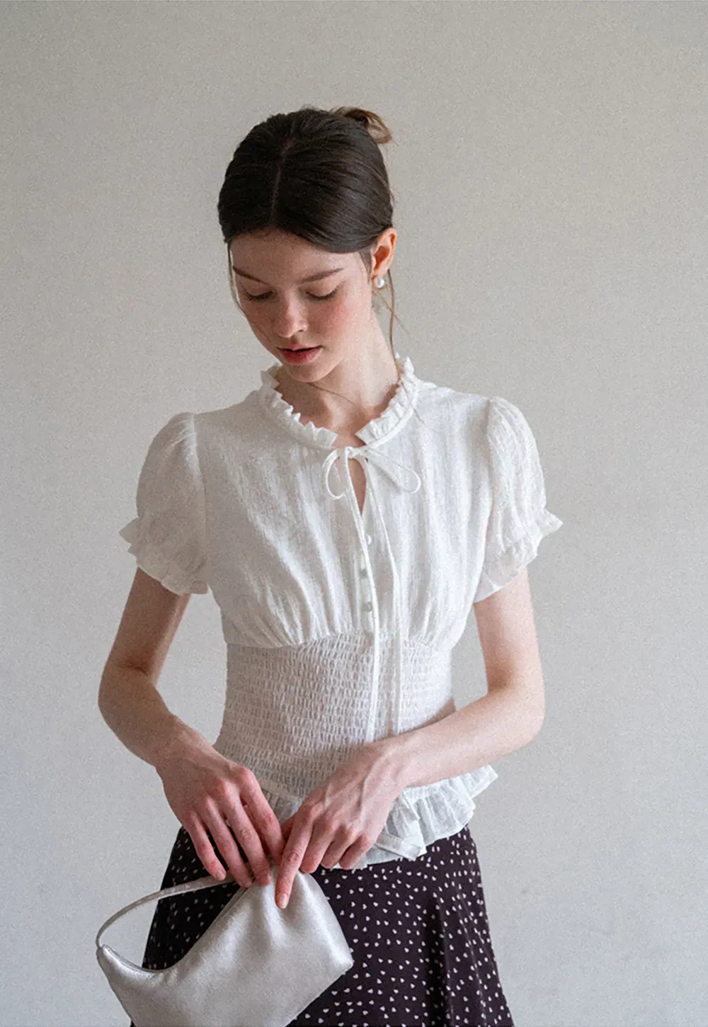 Ruffled Collar Short Sleeve Shirt with Tie Front Detail