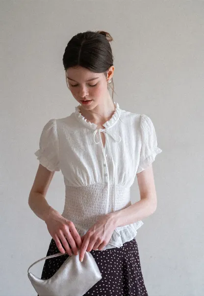 Ruffled Collar Short Sleeve Shirt with Tie Front Detail