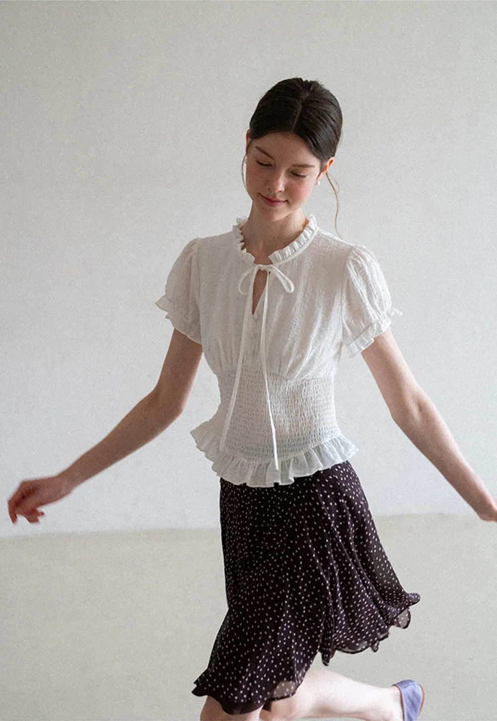 Ruffled Collar Short Sleeve Shirt with Tie Front Detail