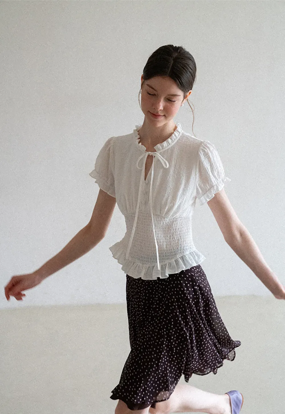 Ruffled Collar Short Sleeve Shirt with Tie Front Detail