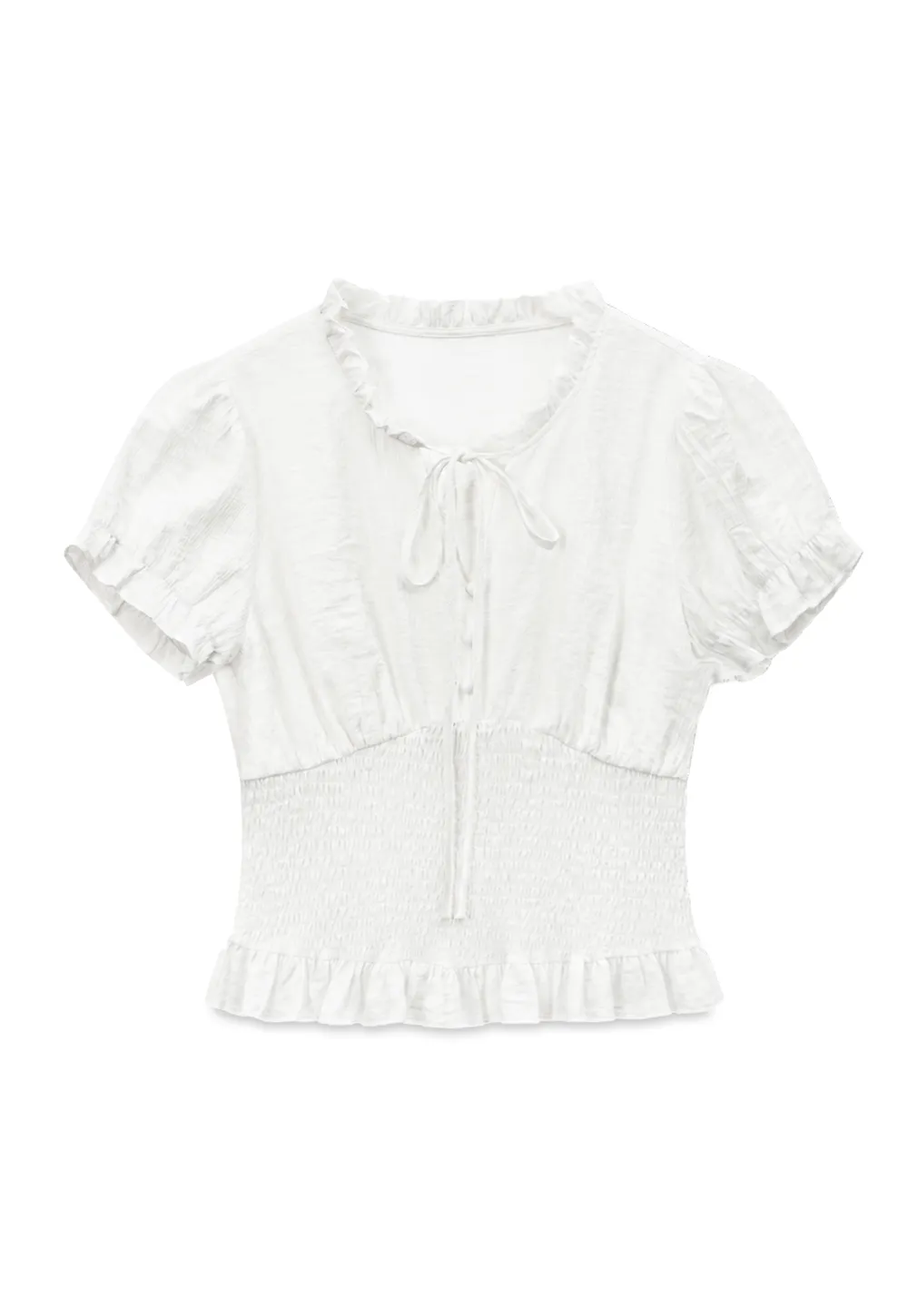 Ruffled Collar Short Sleeve Shirt with Tie Front Detail
