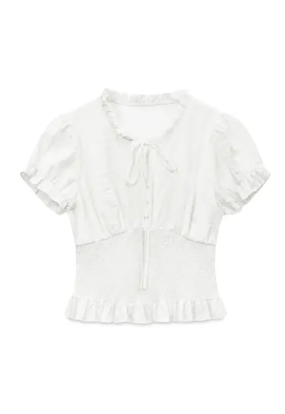 Ruffled Collar Short Sleeve Shirt with Tie Front Detail