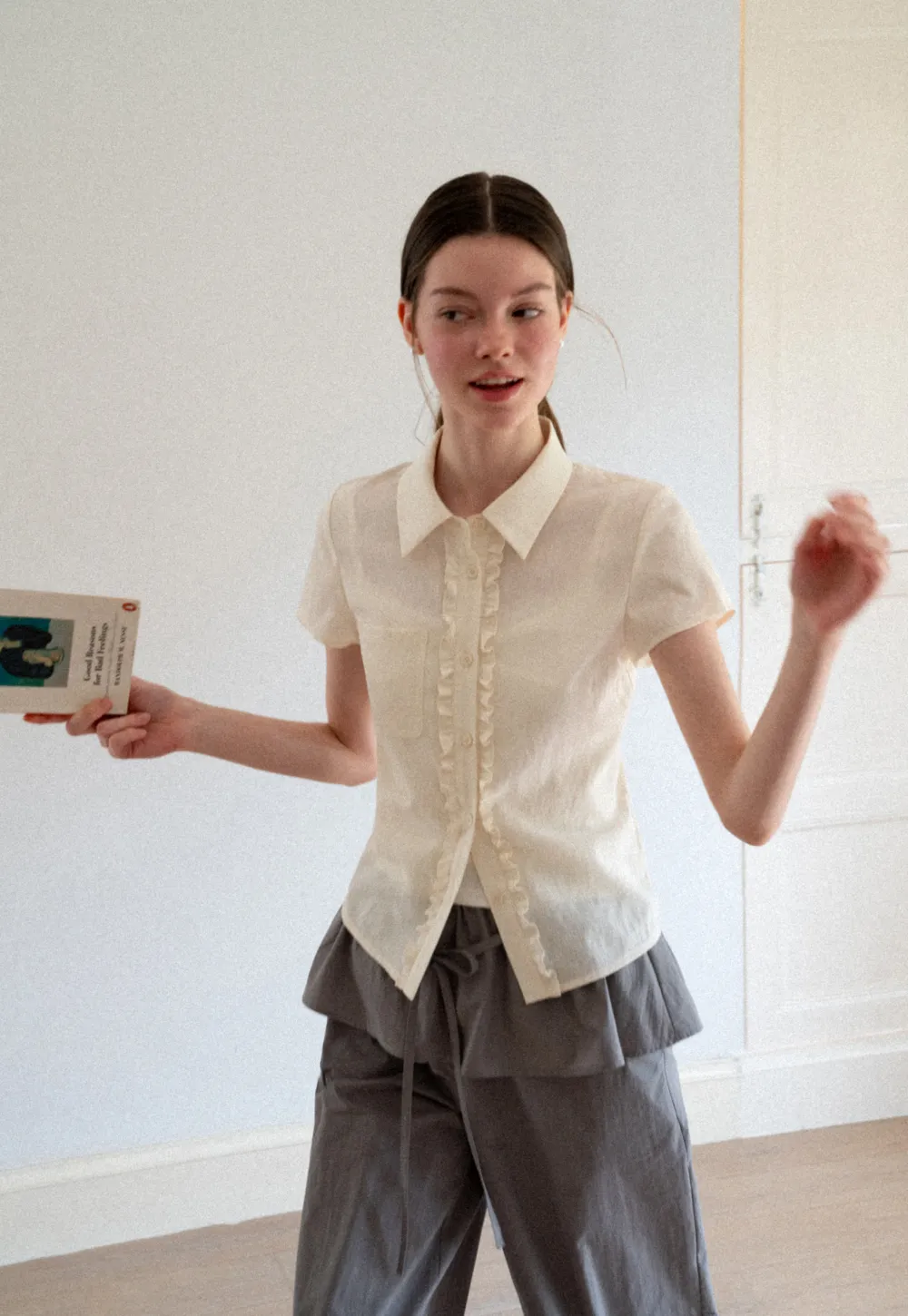 Ruffled Front Short Sleeve Collared Shirt