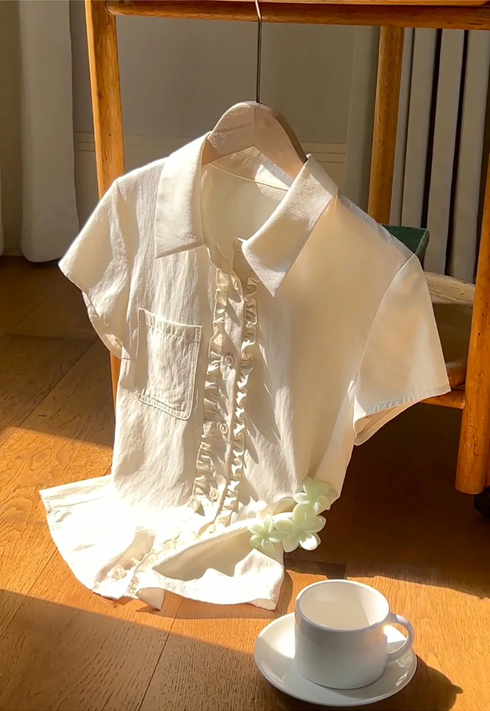 Ruffled Front Short Sleeve Collared Shirt