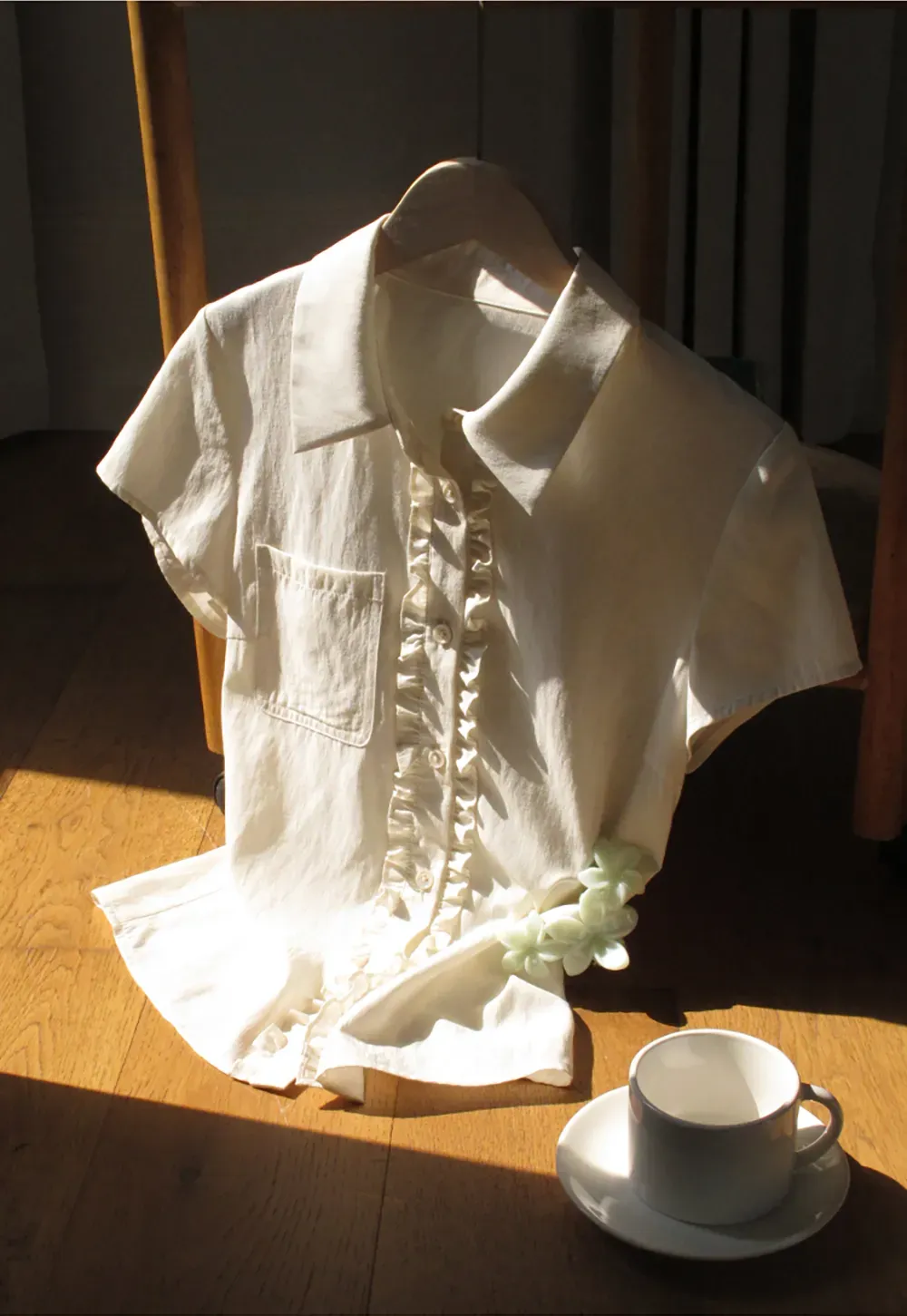 Ruffled Front Short Sleeve Collared Shirt