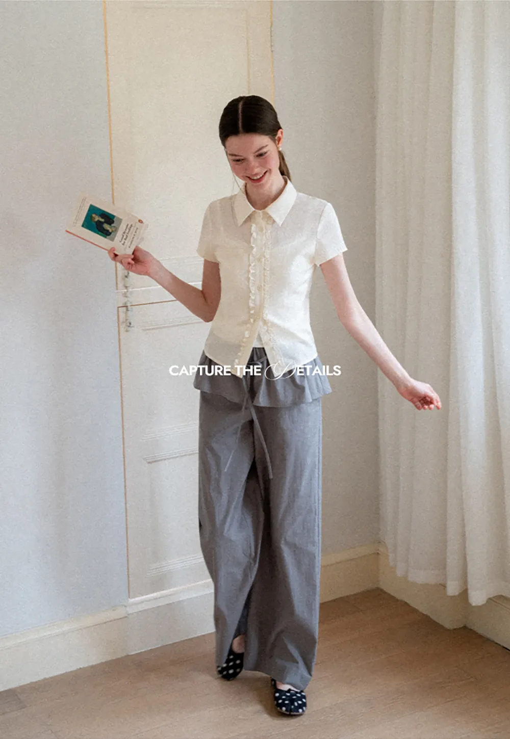 Ruffled Front Short Sleeve Collared Shirt