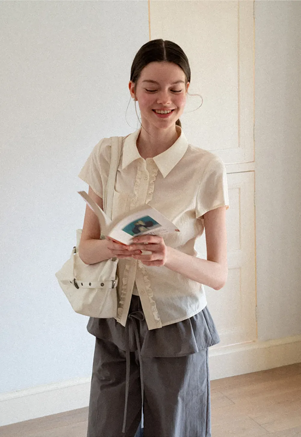 Ruffled Front Short Sleeve Collared Shirt